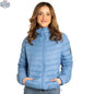 Blue packable down jacket by Northern Sun shown folded and packed, highlighting its lightweight, compact design for travel.