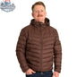 Northern Sun packable down jacket in brown, lightweight and foldable, ideal for outdoor cold weather wear.