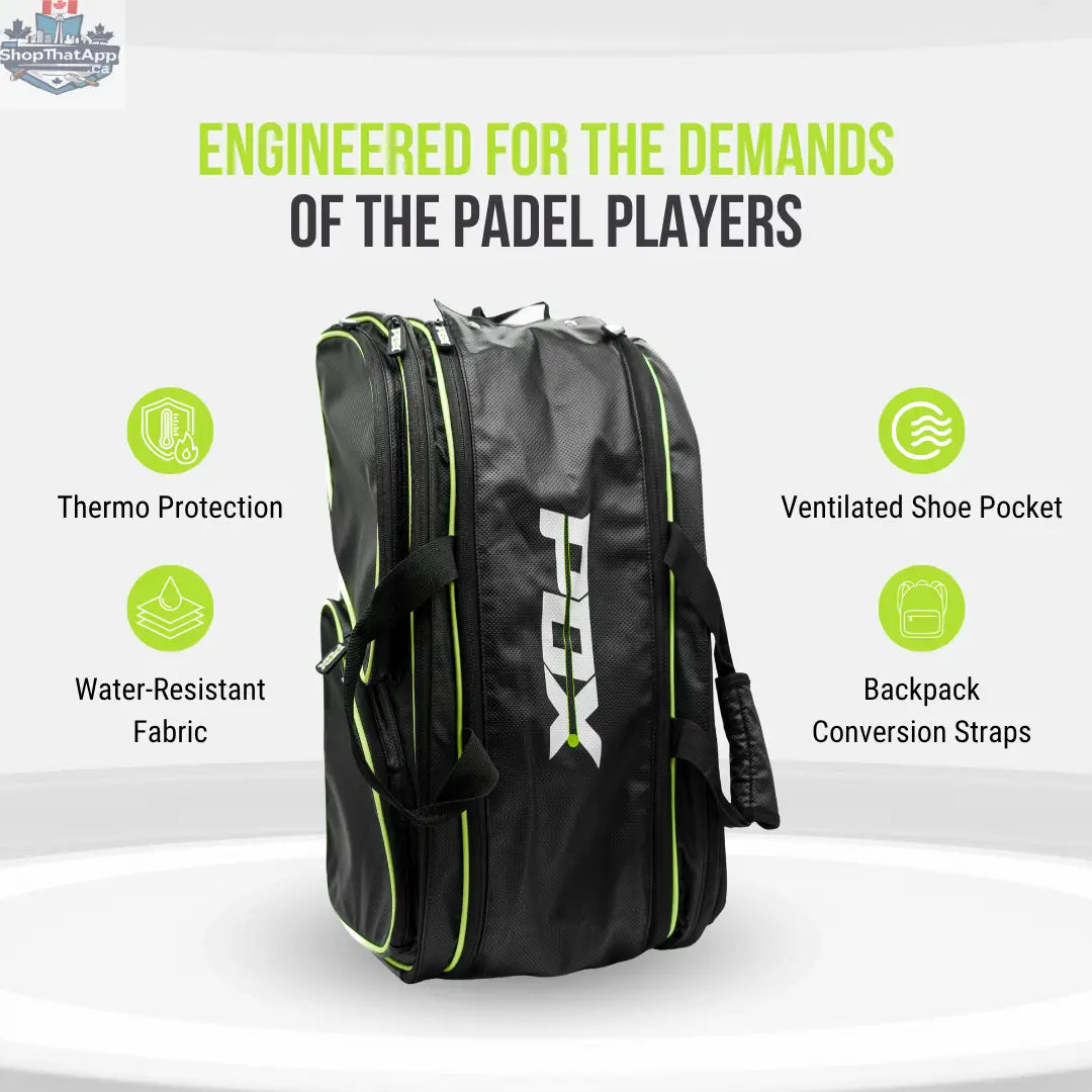 Black and green PDX padel racket bag with backpack straps and thermal protection text on a white background.