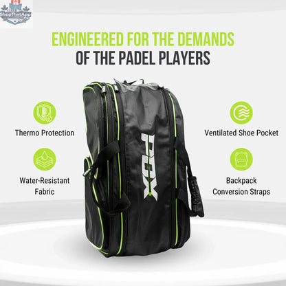 Black and green PDX padel racket bag with backpack straps and thermal protection text on a white background.