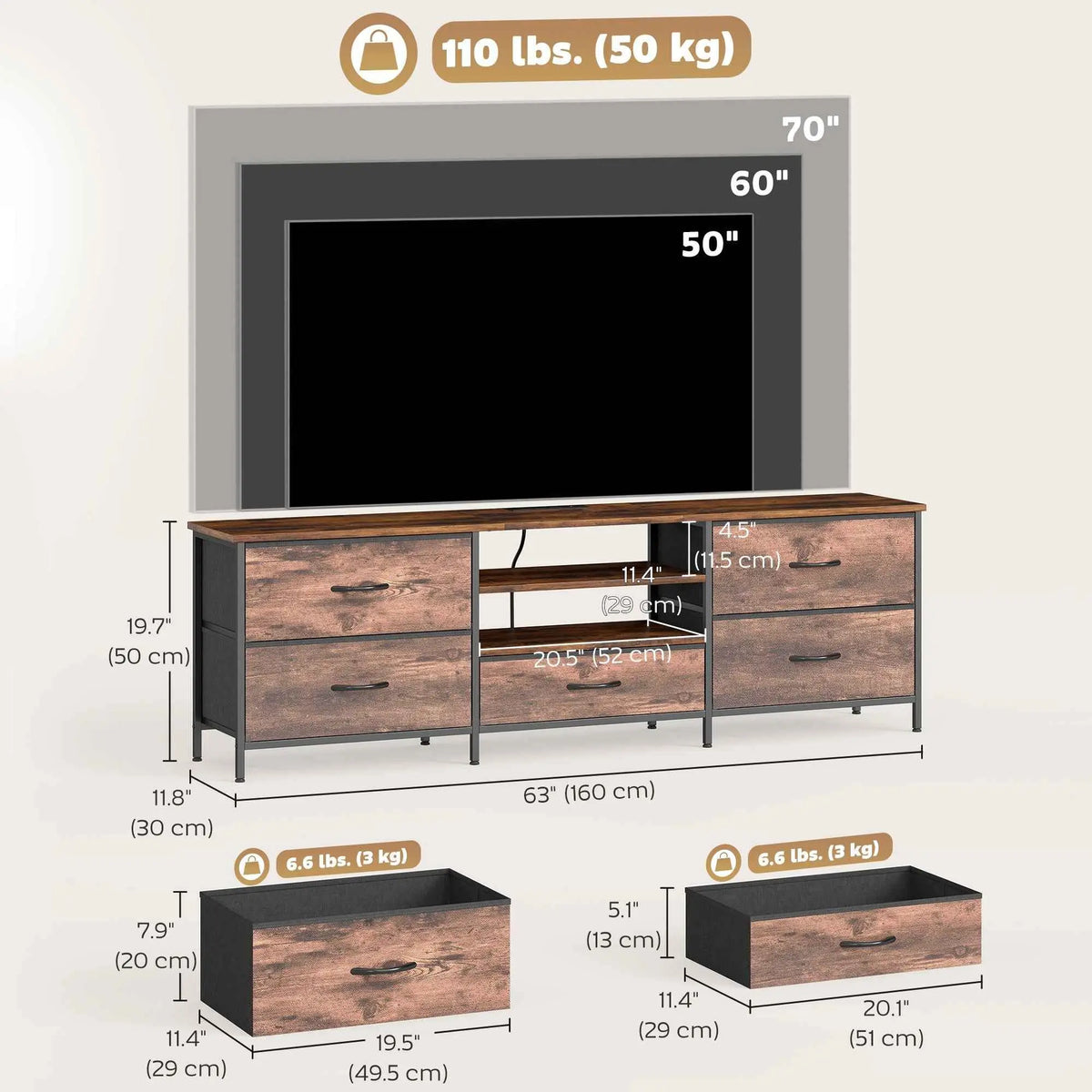 Rustic brown Jamie TV stand with built-in charging station for TVs up to 70 inches, featuring sturdy shelves and modern design.