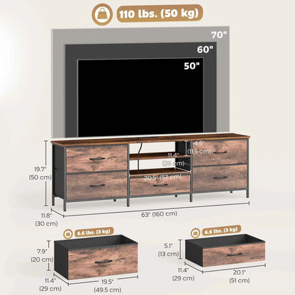 Rustic brown Jamie TV stand with built-in charging station for TVs up to 70 inches, featuring sturdy shelves and modern design.