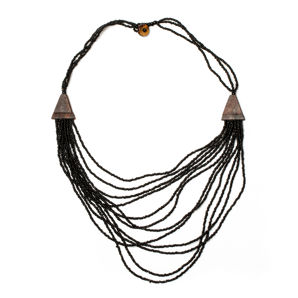 Multi Strand Wooden Side Necklace with Tie Dye Bandana Yellow Accent - Shopthatapp.ca