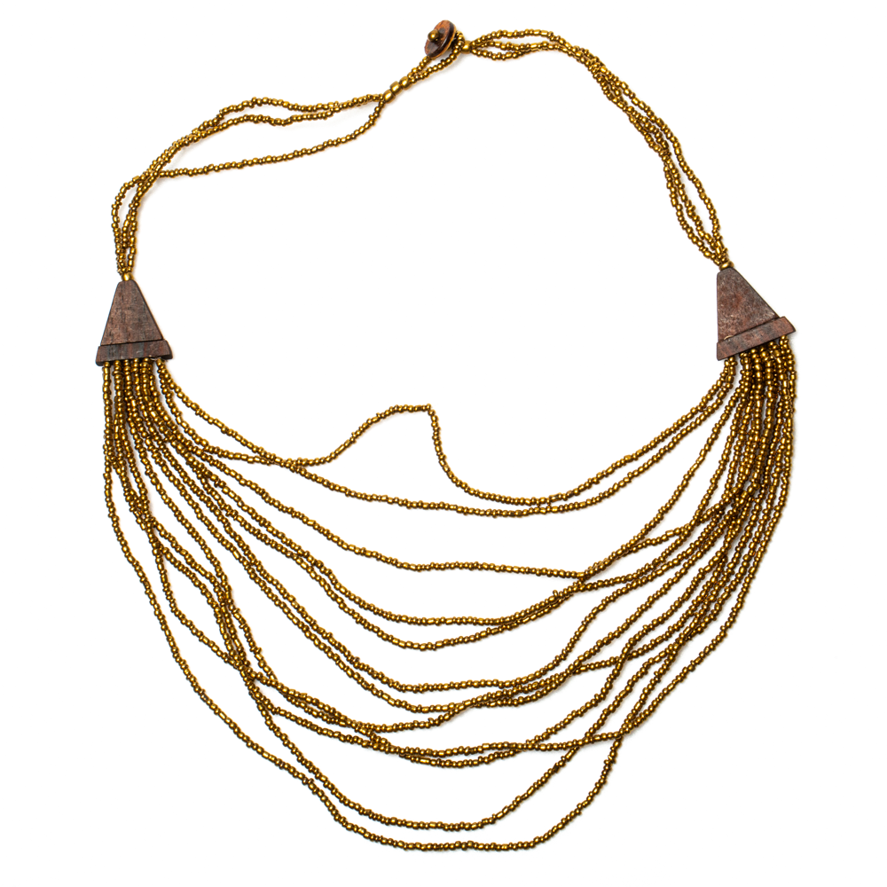 Multi Strand Wooden Side Necklace with Tie Dye Bandana Yellow Accent - Shopthatapp.ca