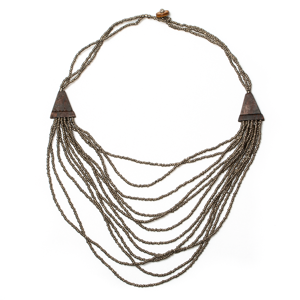 Multi Strand Wooden Side Necklace with Tie Dye Bandana Yellow Accent - Shopthatapp.ca