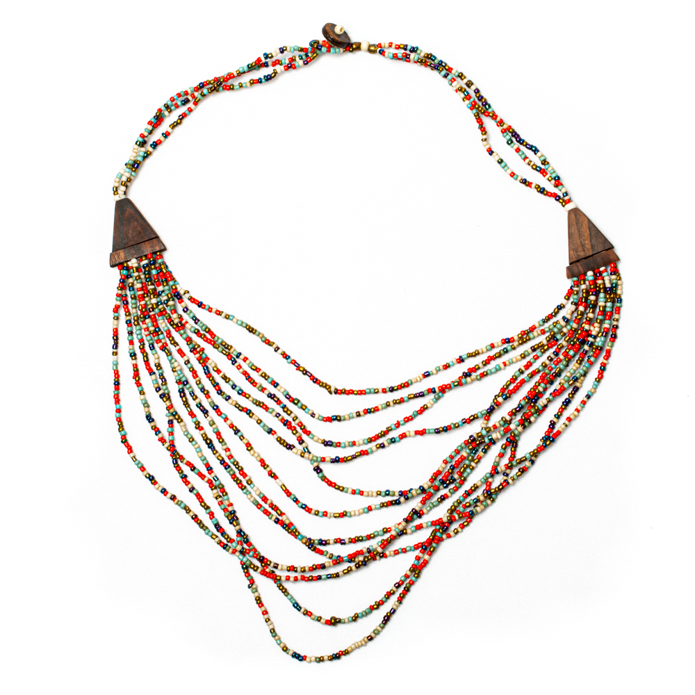 Multi Strand Wooden Side Necklace with Tie Dye Bandana Yellow Accent - Shopthatapp.ca