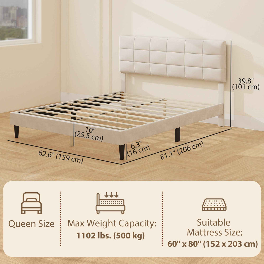 Harper Queen Size Bed Frame with Upholstered Headboard-Cream White