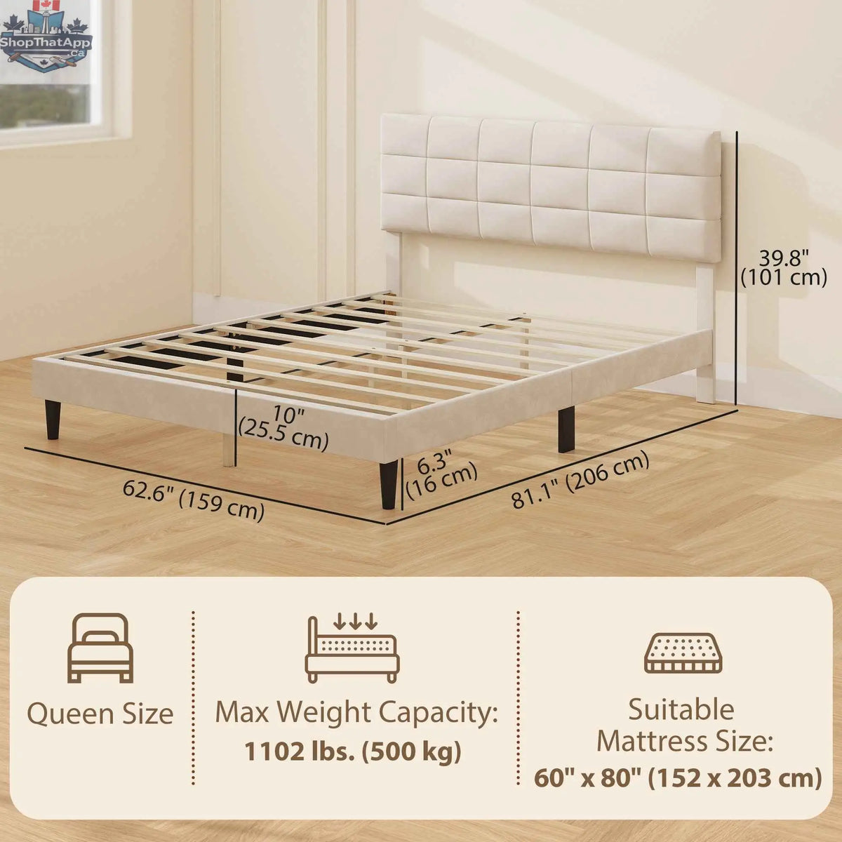 Cream white Harper queen size bed frame with upholstered headboard by SLOTH Nation, showcasing the stylish bedroom furniture design.