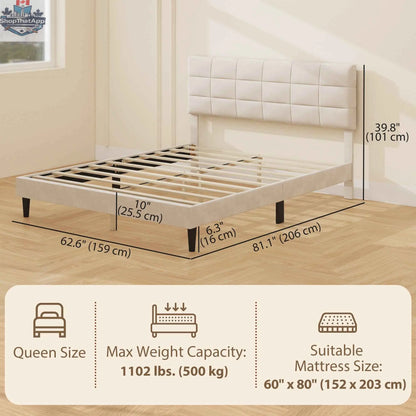 Cream white Harper queen size bed frame with upholstered headboard by SLOTH Nation, showcasing the stylish bedroom furniture design.