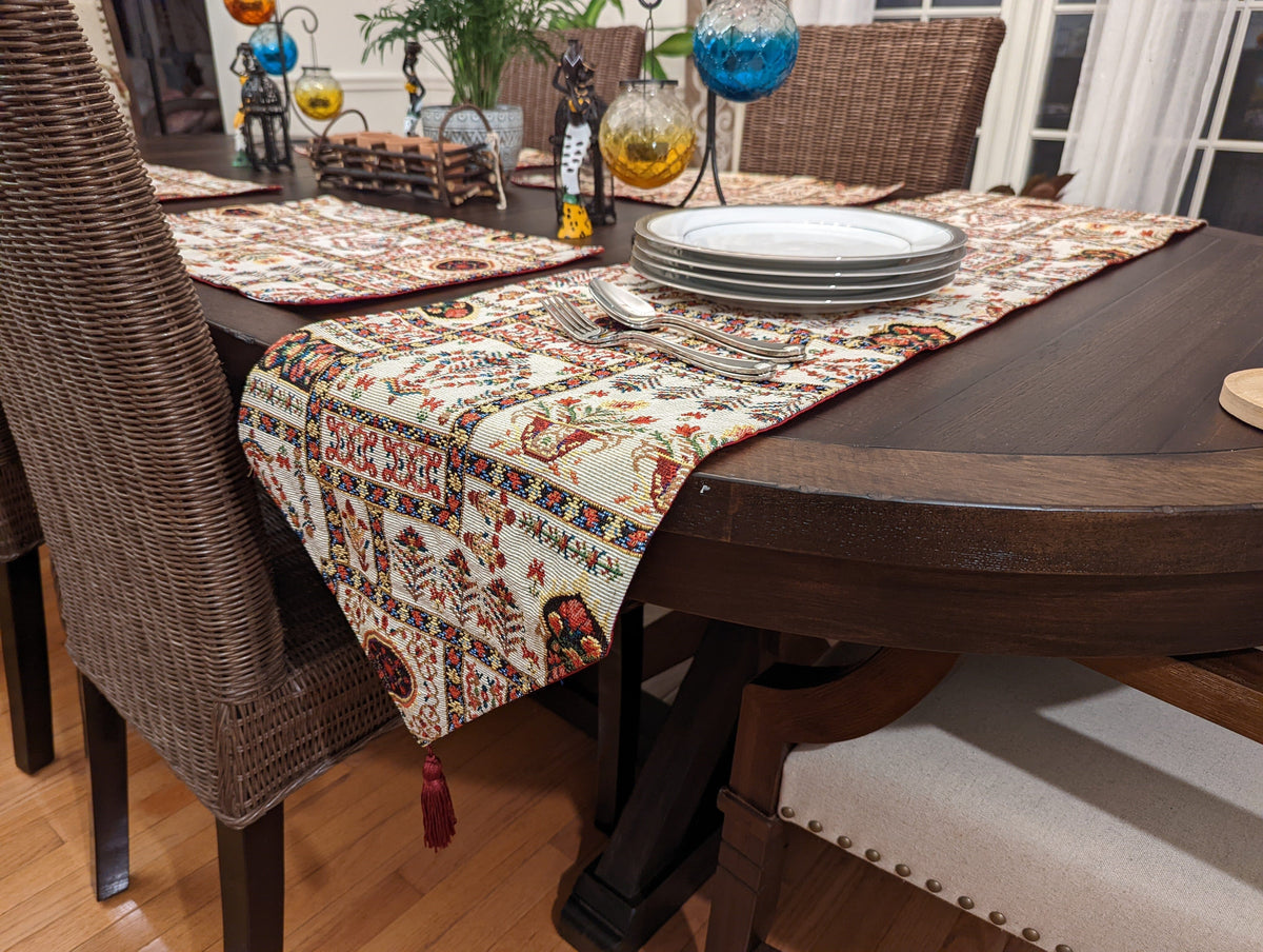 DaDalogy Bedding Cottage Mughal Floral Woven Tapestry Table Runner, Light Fleur White Botanical Vintage (18196)--www.Shopthatapp.ca-DaDalogy Bedding Collection