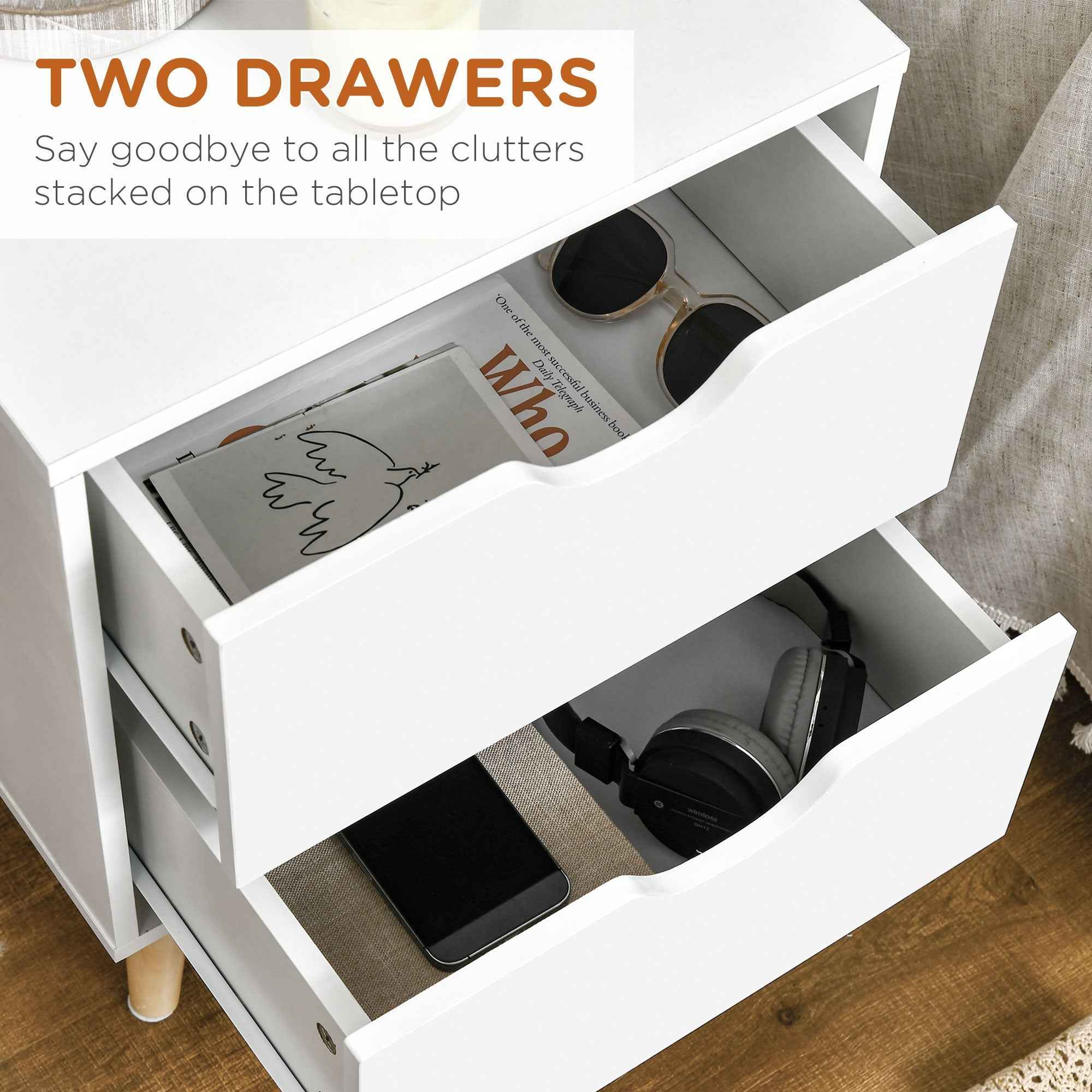 Jesse Nightstand with 2 Drawers and Pine Wood Legs-White