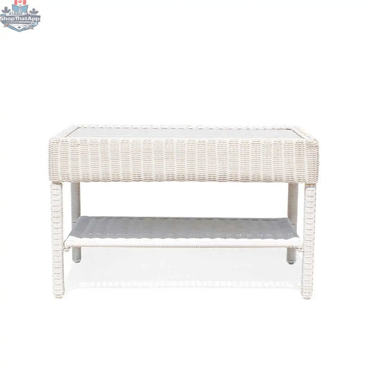 Krikacy Park Meadows white outdoor wicker coffee table with a slatted top for patio and garden outdoor living spaces.