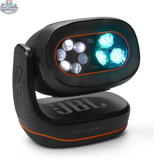 Recertified JBL PartyLight Beam Bluetooth party light projector showing colorful lighting effects for festive gatherings.