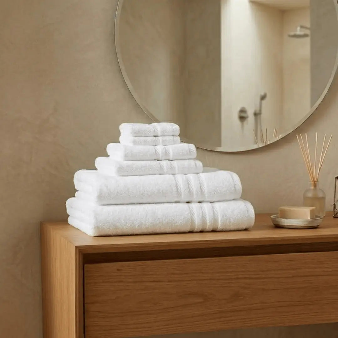 Six-piece Patricia towel set by Skylark+Owl Canada featuring soft, absorbent towels in coordinated designs.