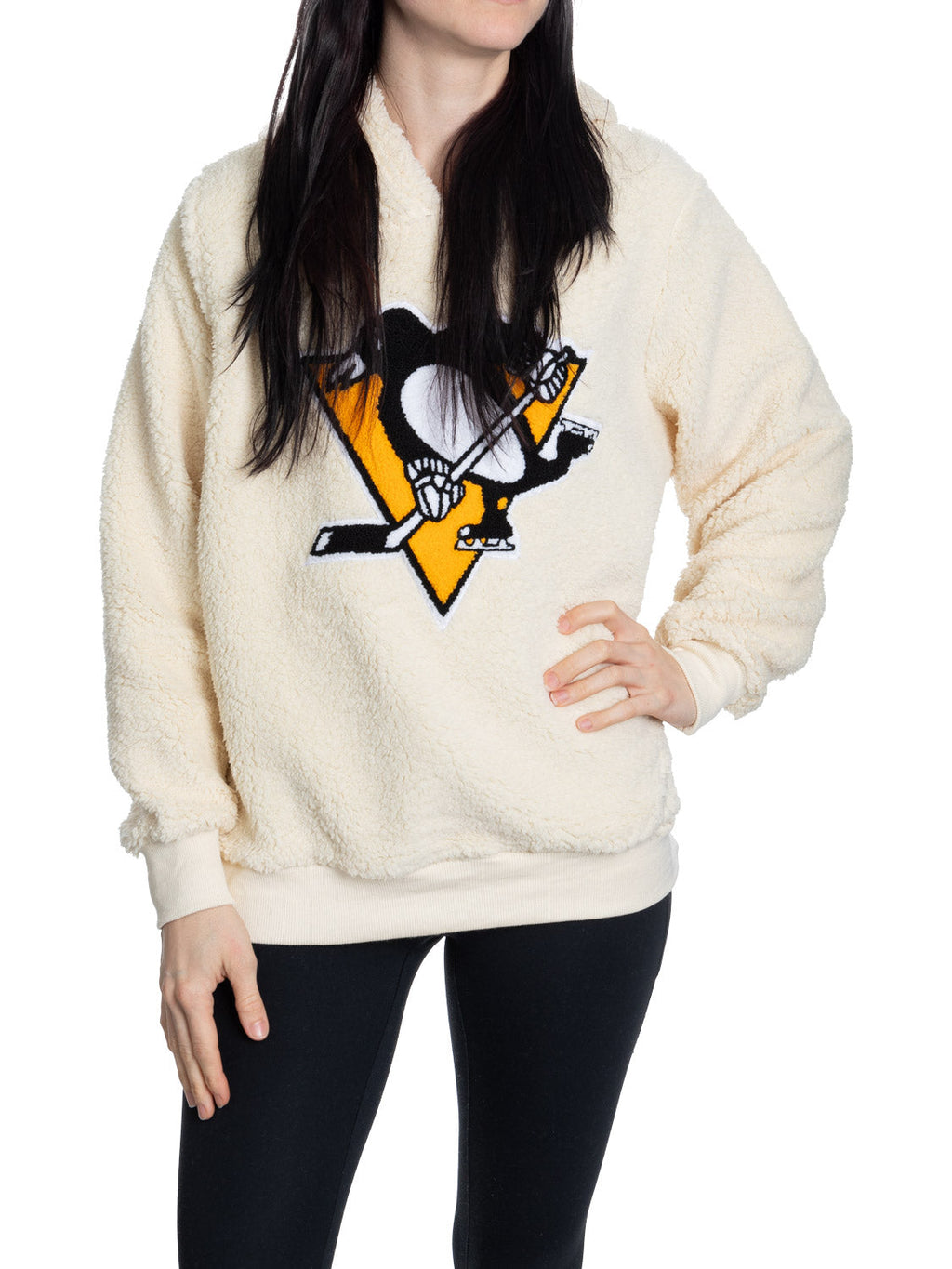 Pittsburgh Penguins Ladies Sherpa Hoodie with Premium Chenille Logo - Shopthatapp.ca