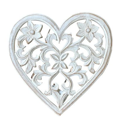 Wooden carved heart decoration by Suzie Blue Canada, ideal for home décor, featuring intricate craftsmanship and natural wood finish.
