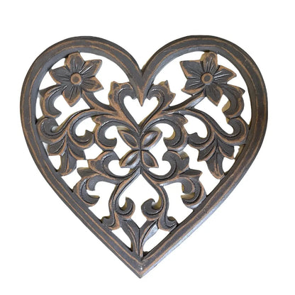 Wooden carved heart decoration for home decor by Suzie Blue Canada, featuring intricate craftsmanship and natural wood finish.