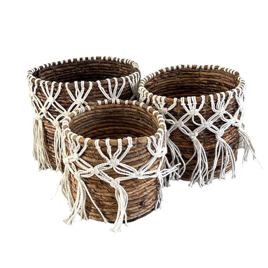 Banana Leaf Macrame Planter Basket with Tassel Accents - Shopthatapp.ca