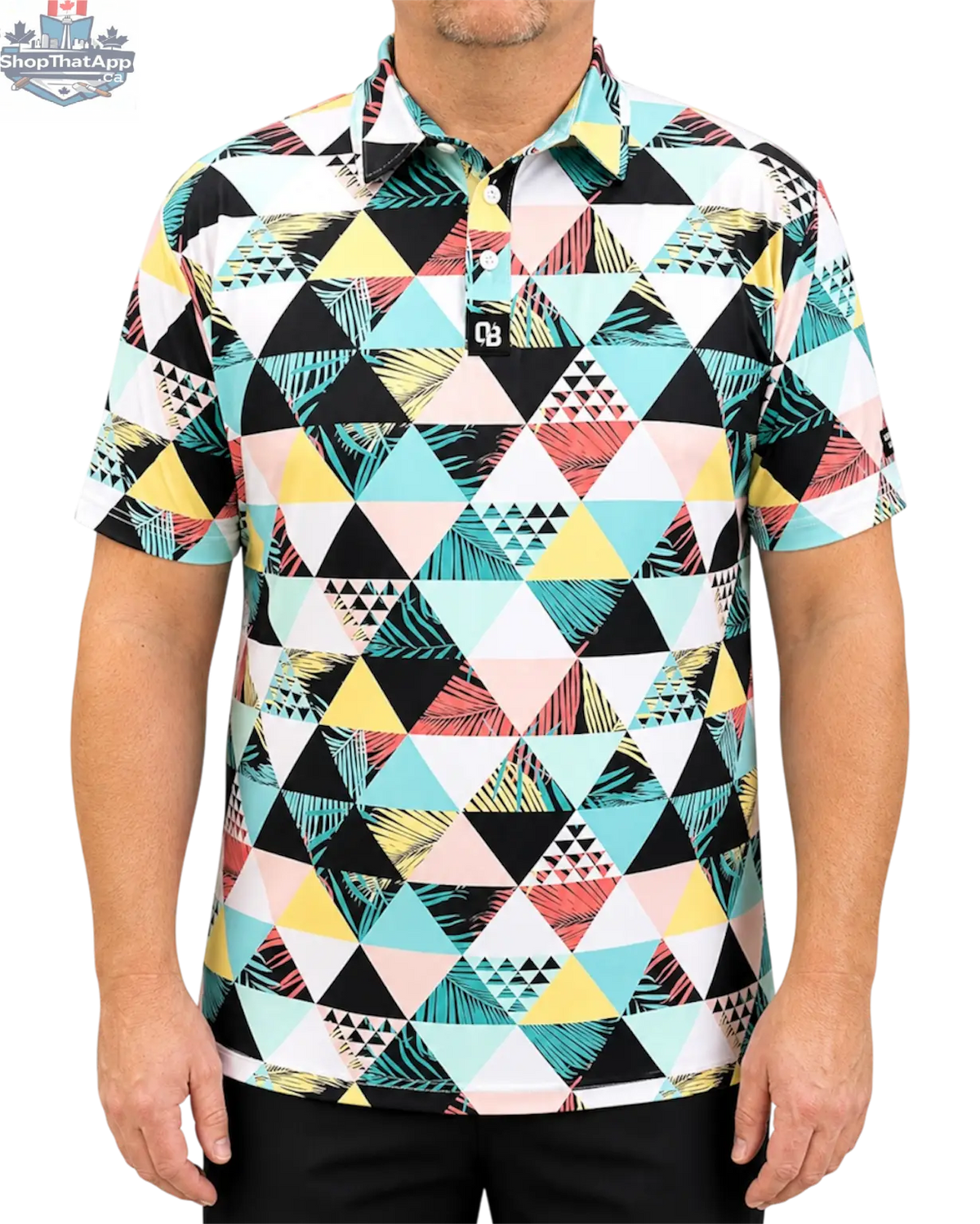 StackedStacked is a men’s golf polo featuring a colourful geometric triangle print with tropical - Shopthatapp.ca