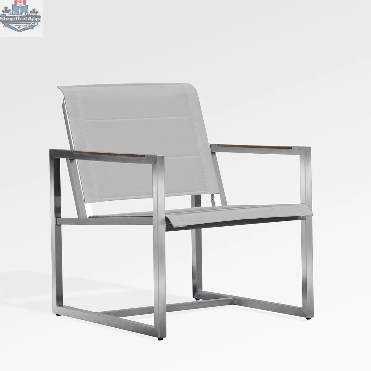 Enclover pine sling chair with wooden frame and fabric seat, modern outdoor furniture for patio or garden relaxation.