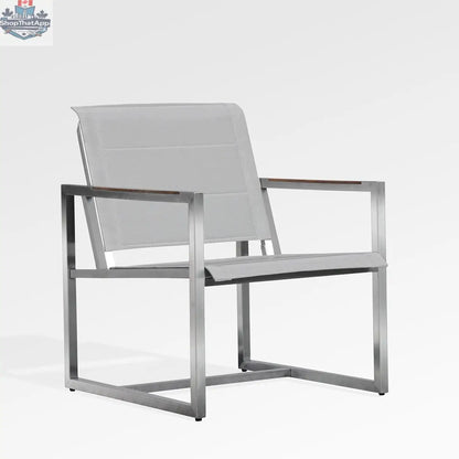 Enclover pine sling chair with wooden frame and fabric seat, modern outdoor furniture for patio or garden relaxation.