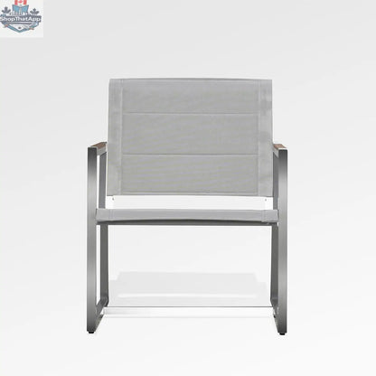 Enclover pine sling chair with a wooden frame and fabric seating, showcasing a front view of the stylish outdoor chair.