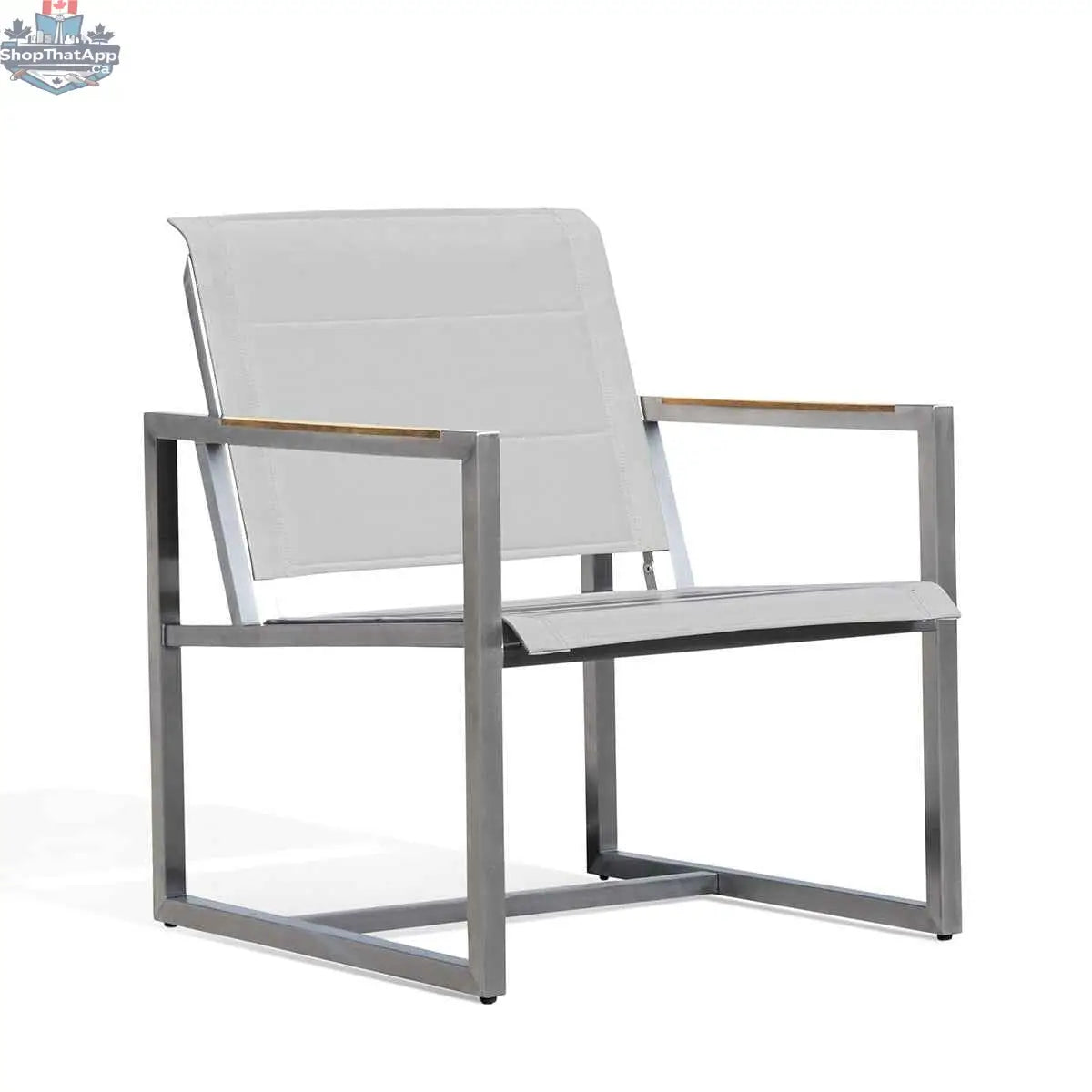 Krikacy pine stainless steel outdoor chair with sling seat and teak wood accents, designed for comfort and outdoor use.