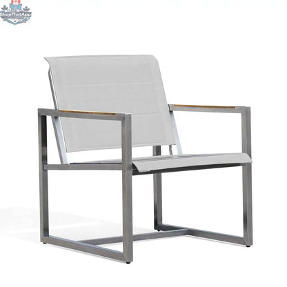 Krikacy pine stainless steel outdoor chair with sling seat and teak wood accents, designed for comfort and outdoor use.