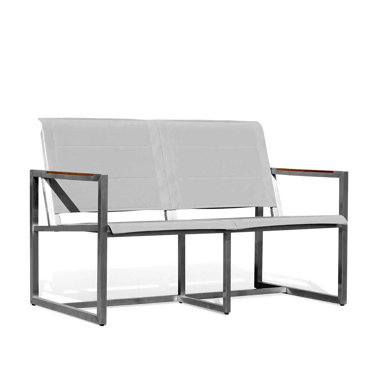 Krikacy pine outdoor sling loveseat with stainless steel frame, teak wood accents, and comfortable sling seat for outdoor relaxation
