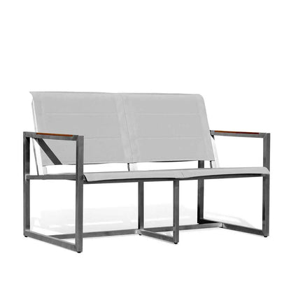 Krikacy pine outdoor sling loveseat with stainless steel frame, teak wood accents, and comfortable sling seat for outdoor relaxation