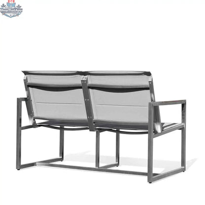 Krikacy pine outdoor sling loveseat with stainless steel frame, teak wood accents, and comfortable sling seat for outdoor relaxation.