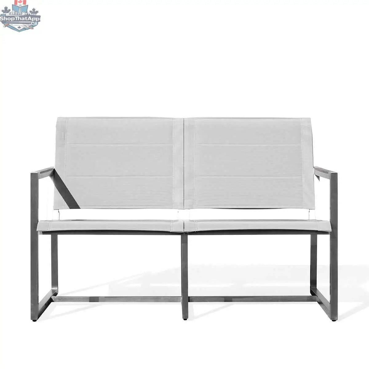 Krikacy pine outdoor sling loveseat with stainless steel frame, teak wood accents, and comfortable sling seat for outdoor relaxation.