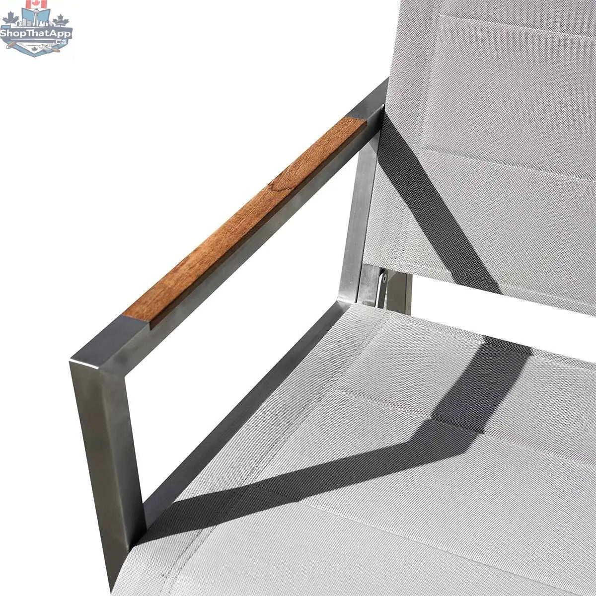 Krikacy pine outdoor sling loveseat with stainless steel frame, teak wood accents, and comfortable sling seat for outdoor relaxation.