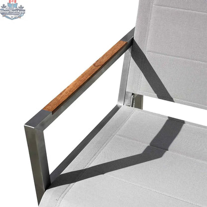 Krikacy pine outdoor sling loveseat with stainless steel frame, teak wood accents, and comfortable sling seat for outdoor relaxation.