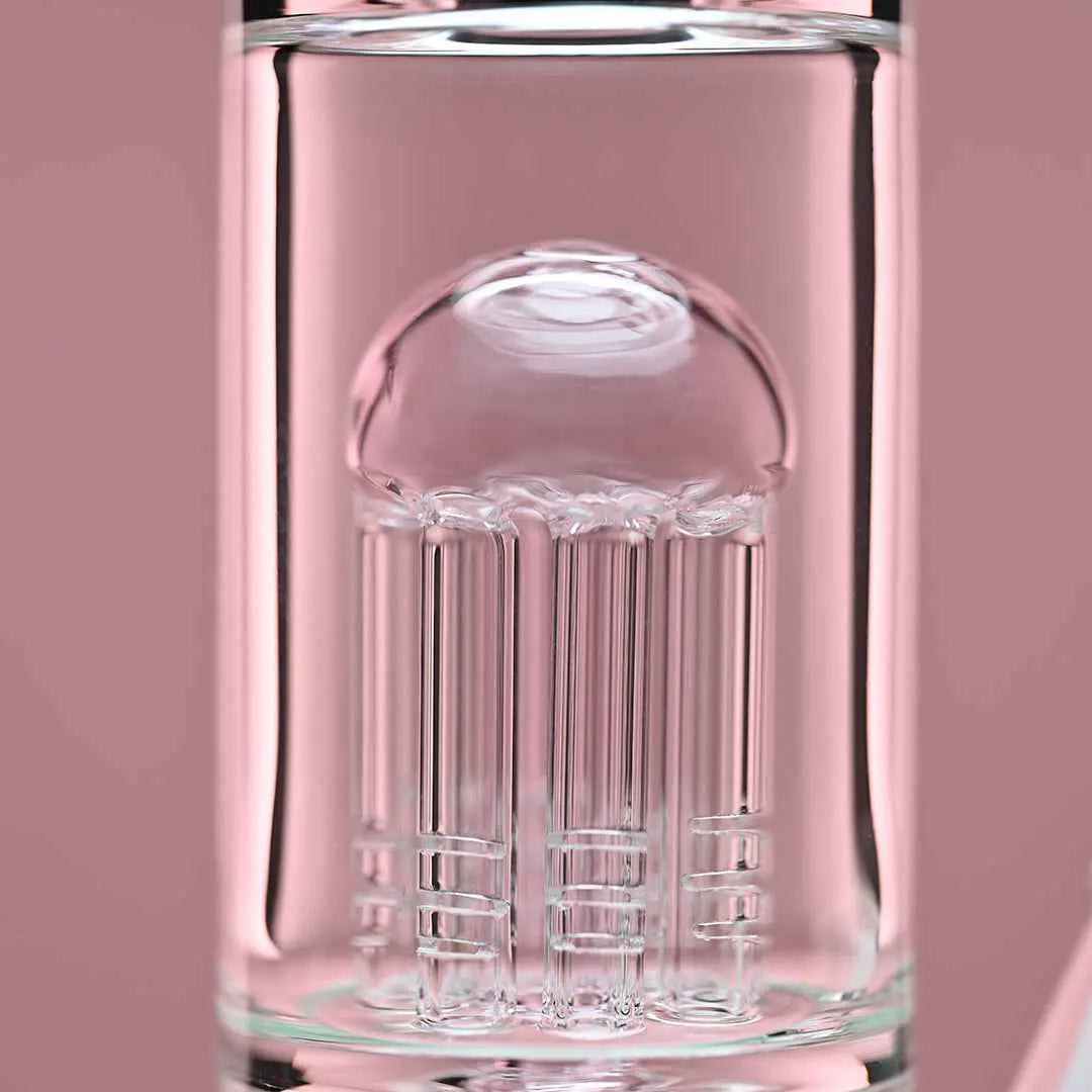 Pink 8-arm beaker water pipe by Castle Glassworks, 14-inch precision-crafted bong with detailed percolator and vibrant background.