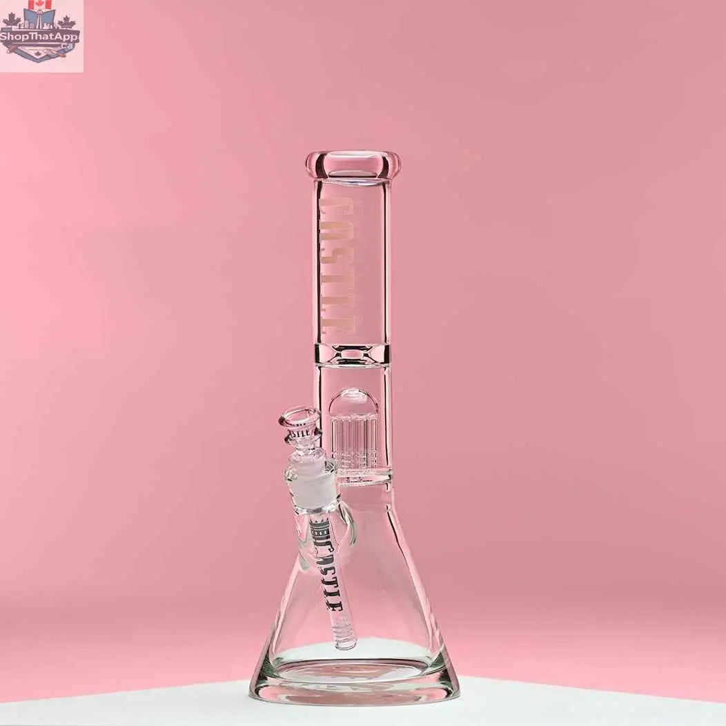 Pink 8-arm beaker bong by Castle Glassworks, 14-inch precision-crafted water pipe on pink background.