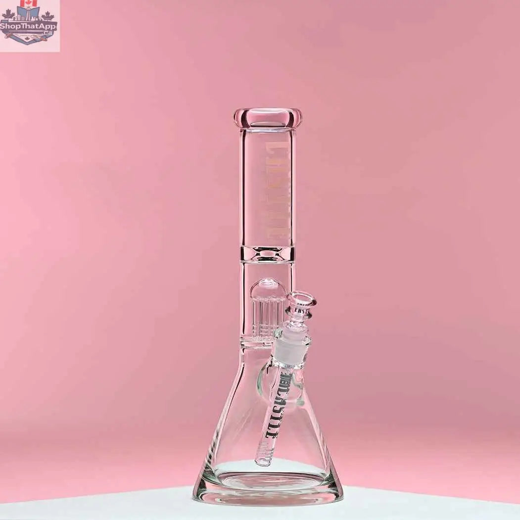 Pink 8-arm beaker bong by Castle Glassworks, 14-inch precision-crafted water pipe with a vibrant pink background.