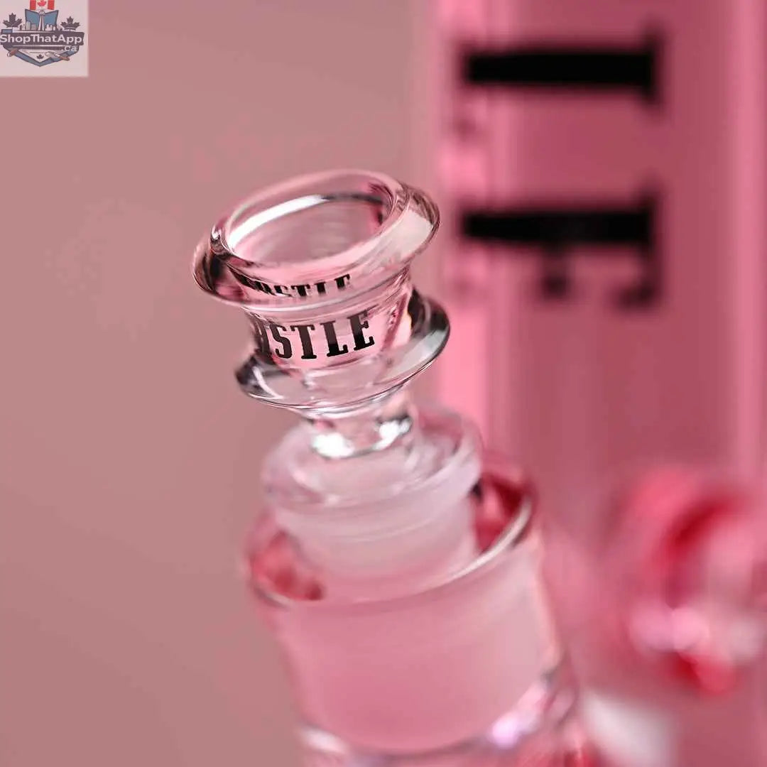 Pink 14-inch beaker bong by Castle Glassworks with heavy-duty electroplated glass and a close-up view of the bowl.