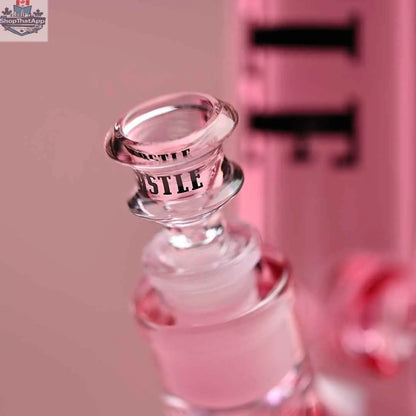Pink 14-inch beaker bong by Castle Glassworks with heavy-duty electroplated glass and a close-up view of the bowl.
