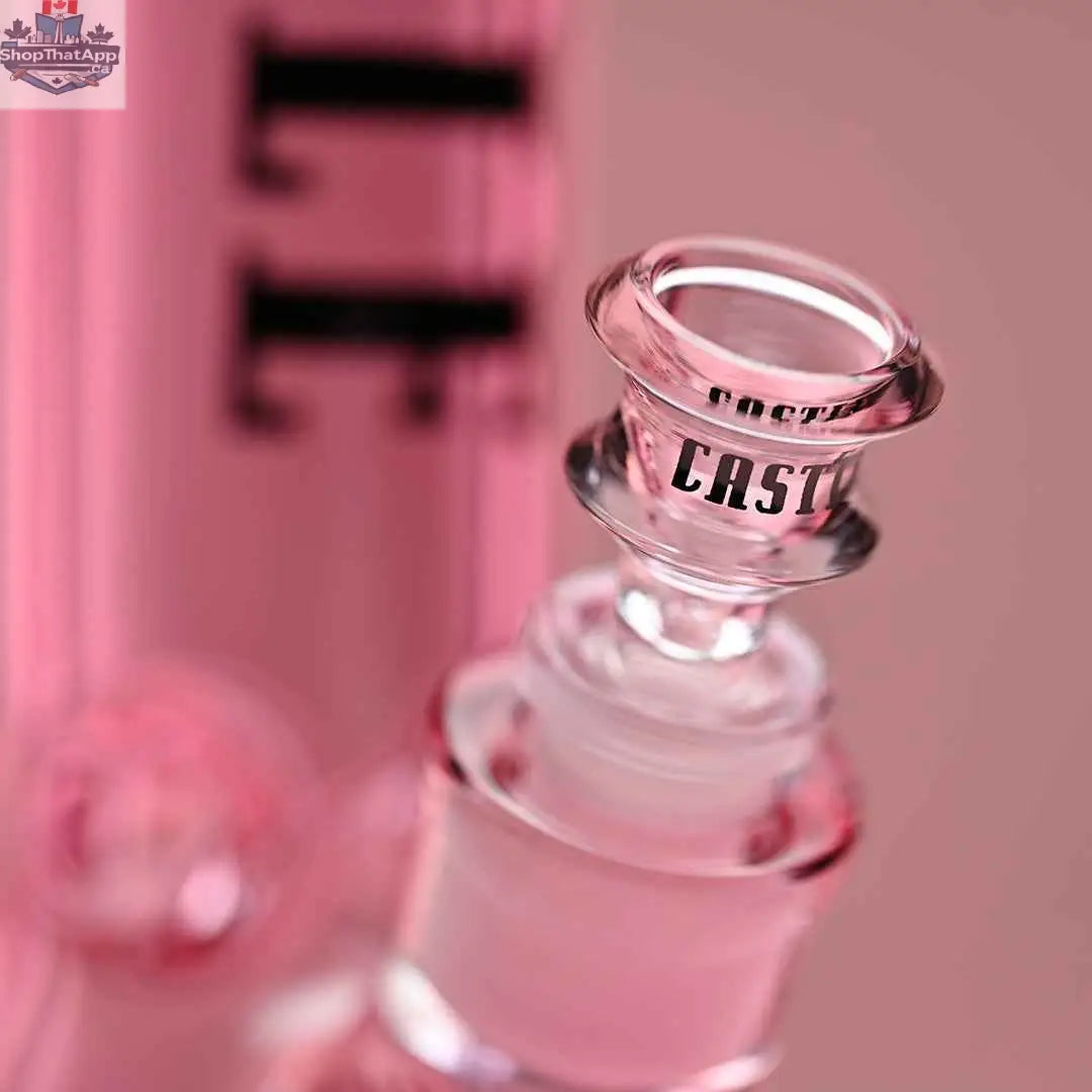 Pink 14-inch beaker bong by Castle Glassworks with electroplated glass and a close-up view showing the bowl on a pink background.