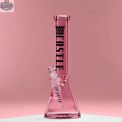 Pink 14-inch beaker bong by Castle Glassworks with heavy-duty 7mm electroplated glass, displayed against a pink background.