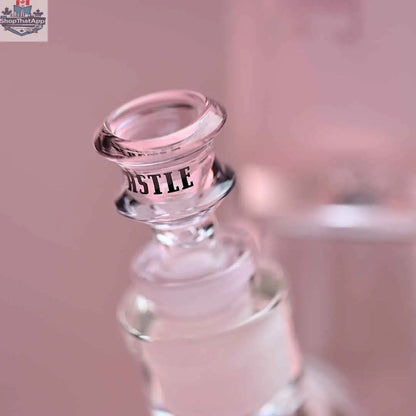 Pink frosted 16-inch beaker bong by Castle Glassworks with a close-up of the bowl, featuring a clear tube design for smooth smoking.