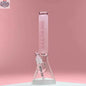 Pink frosted beaker bong by Castle Glassworks, 16-inch tube design for smooth smoking, displayed against a pink background.
