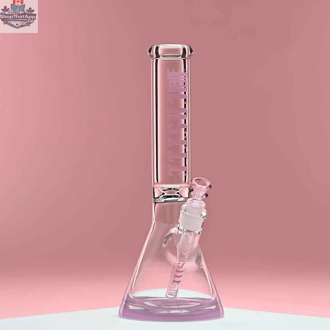 Castle Glassworks 14-inch beaker bong with pink logo, colorful background, and 9-hole downstem replacement in the image.