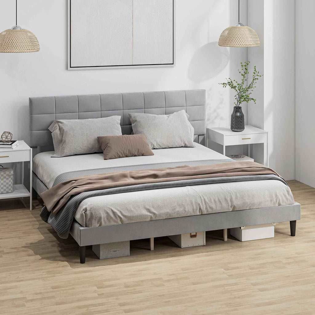Harper King Size Platform Bed Frame with Upholstered Headboard-Grey