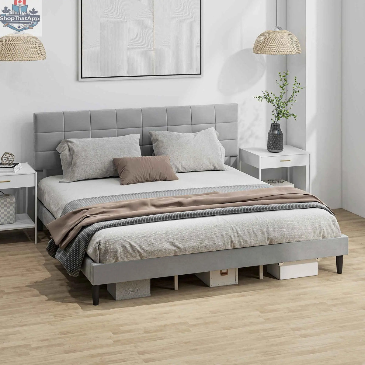 Grey upholstered king size bed frame with headboard from SLOTH Nation, featuring a modern design and sturdy construction.