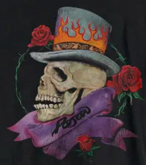 Black Poison Greatest Hits T-shirt by Little Guitars featuring a skull graphic, perfect for rock fan merchandise.