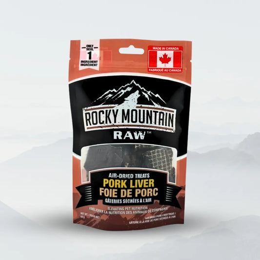 Rocky Mountain Raw pork liver treats in a 60g package, showing fresh, sliced pork liver for dogs or pets.