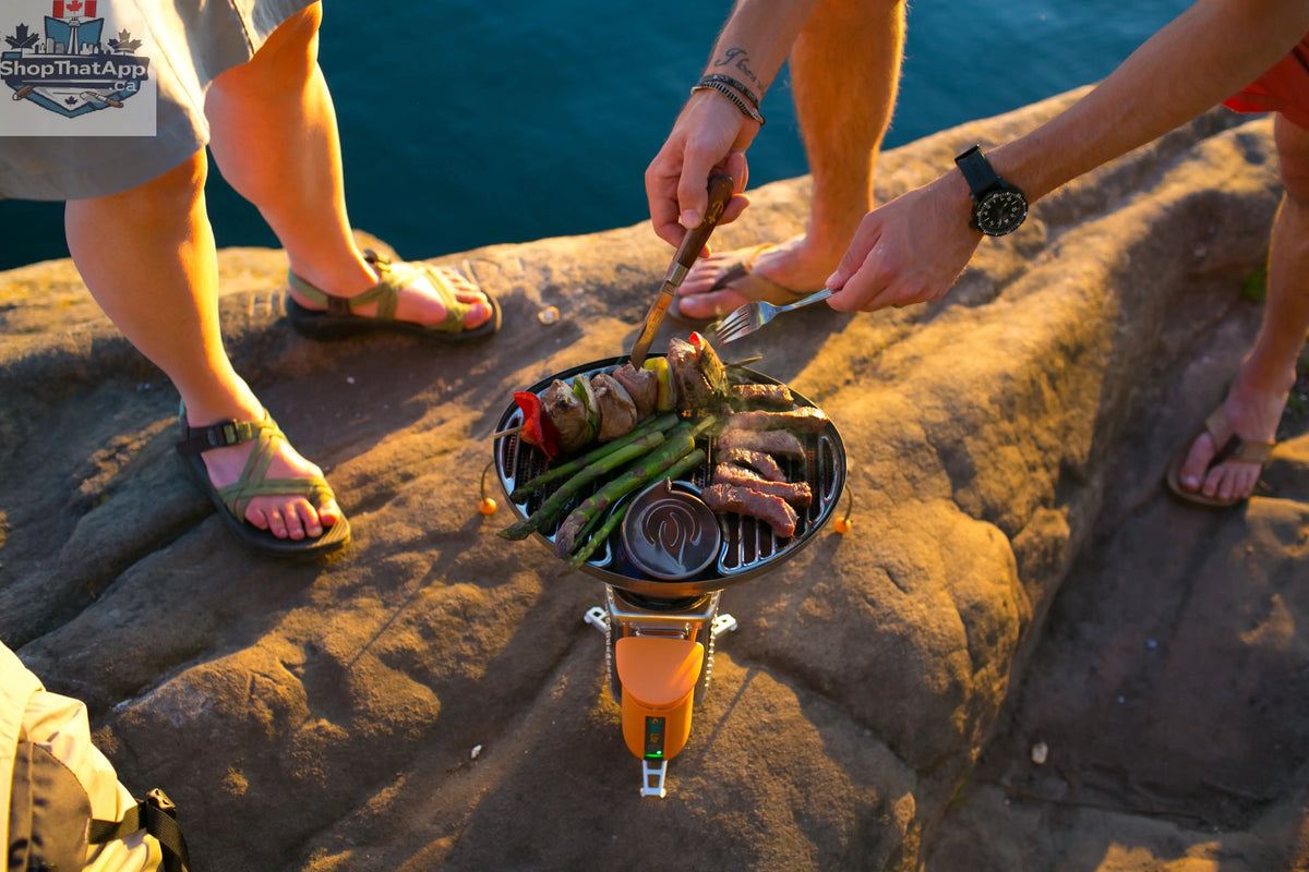Portable Biolite CampStove Grill in use, outdoor camping cookware by Dc Tackle & Outdoor Supply for camping and outdoor cooking.