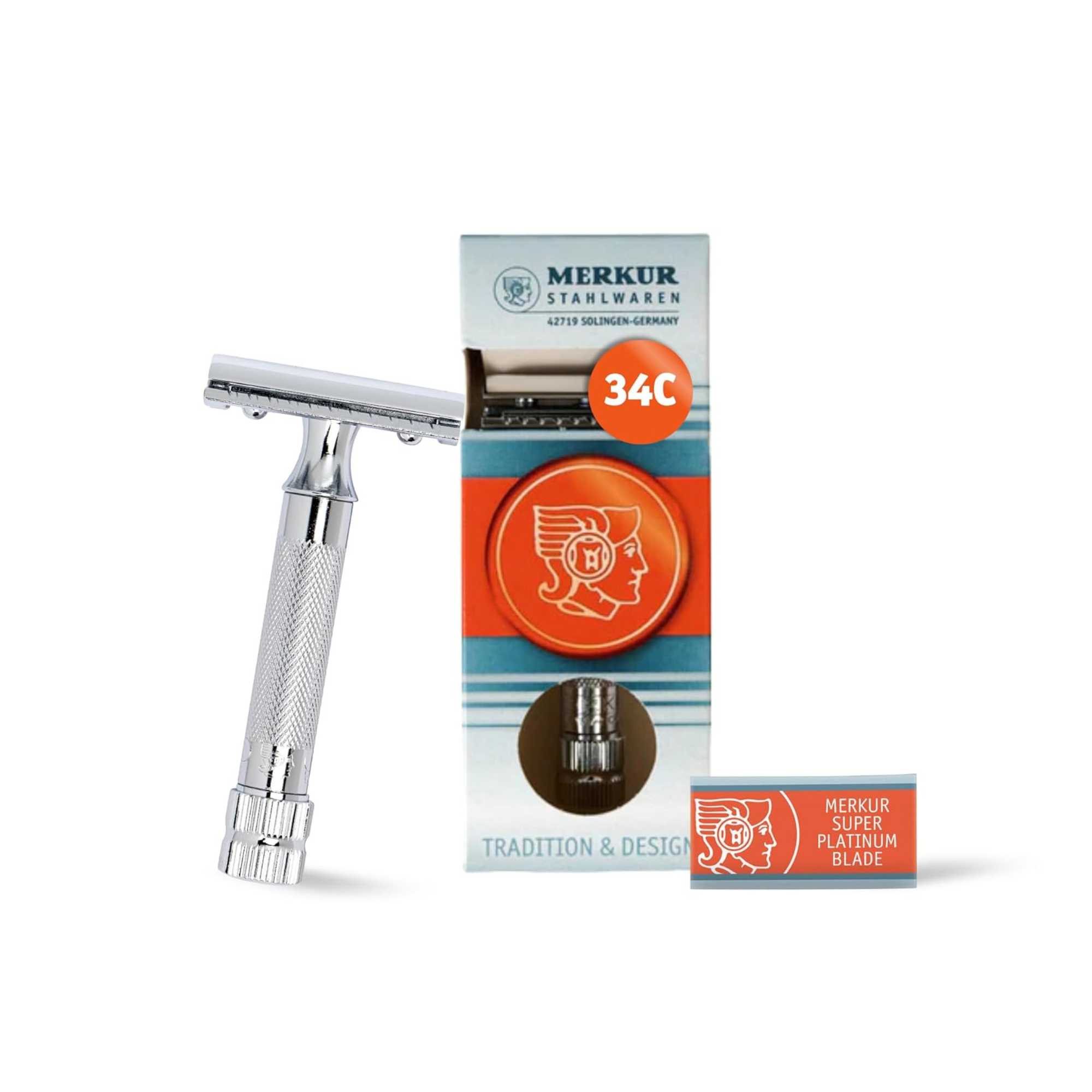 Merkur 34C Safety Razor - 2-Piece DE Chrome Razor with Closed Comb and Knurled Extra Thick Handle (HD)